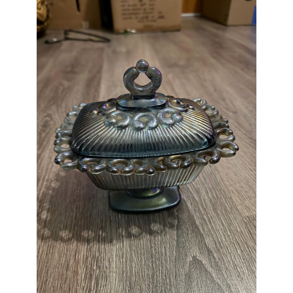 Vintage Indiana Glass Windsor Iridescent Blue Covered Candy Dish